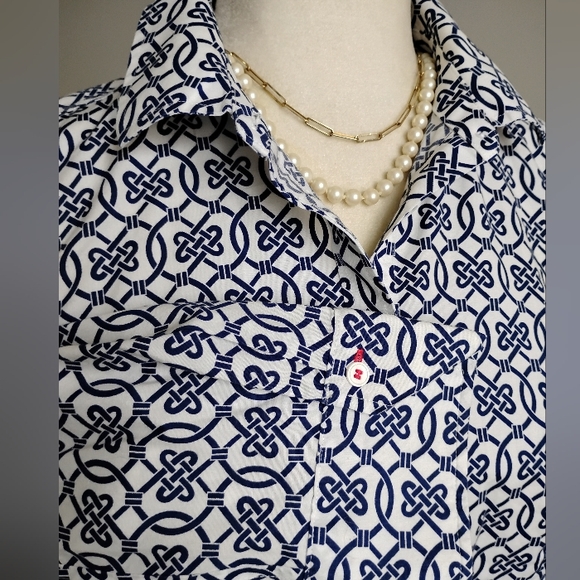 Talbots Petite Non Iron Cotton Stretch Popover Top Navy White Coastal Size 8P - Picture 7 of 16